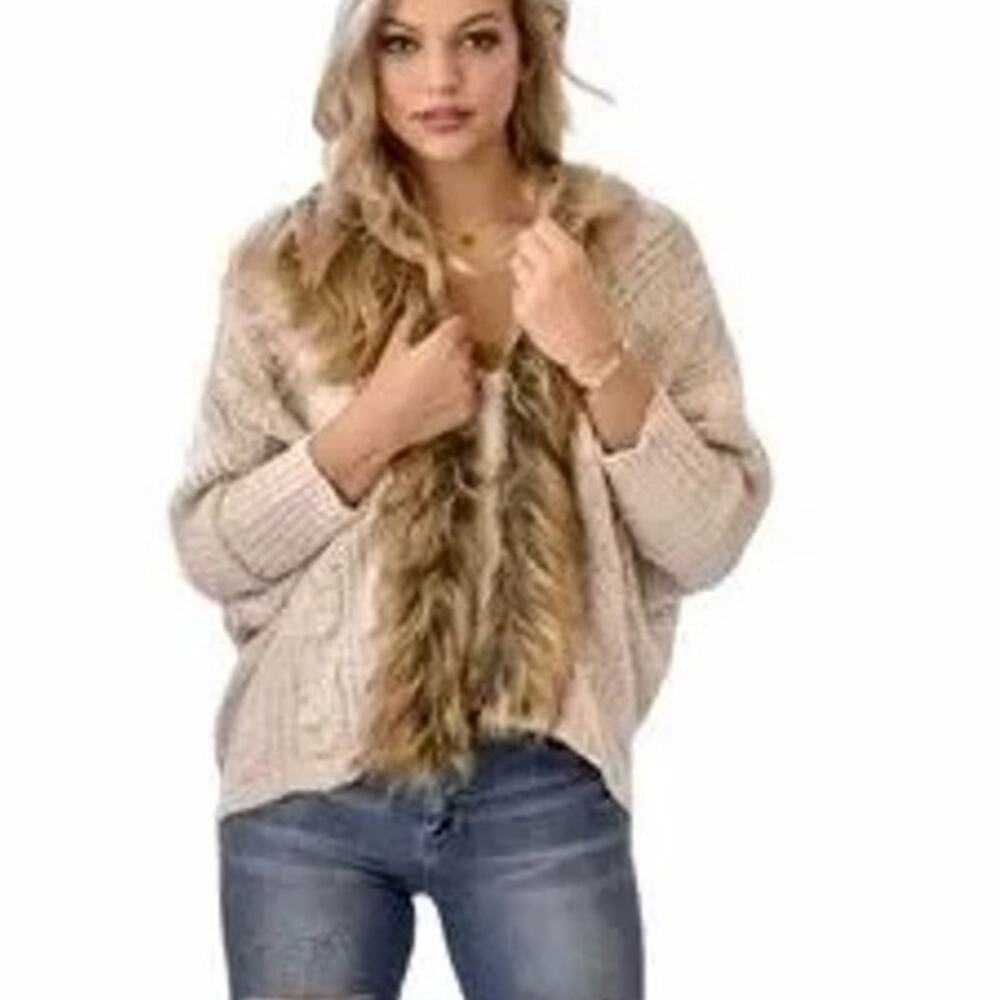 Military Hippie Faux Fur Open Knit lace up back Sweater One Size